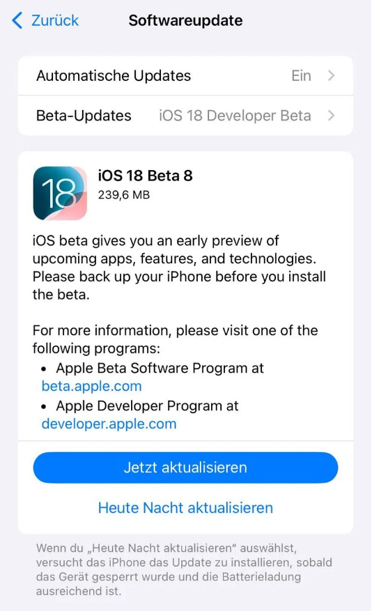 永和苹果手机维修分享苹果 iOS / iPadOS 18 开发者预览版 Beta 8 发布 